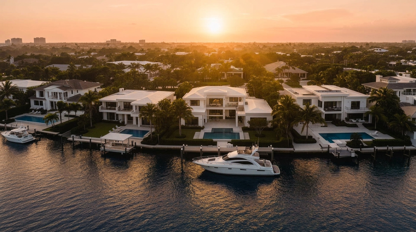 Aerial view of curated Florida waterfront luxury estates